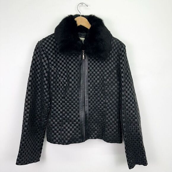 Worthington Women’s Black Woven Leather Removable Rabbit Fur Trim Collar Zip Jac - Picture 1 of 13
